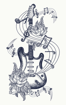 Guitar tattoo. Electric guitar, roses and music notes. Rock and roll t-shirt design. Symbol of rock music, musical festivals. Electric guitar tattoo art print