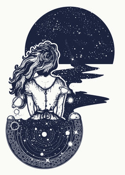 Magic woman tattoo and t-shirt design. Woman in space tattoo art. Surreal girl sinks in universe. Symbol of magic, poetry, esoterics, astrology. Girl and space, goodnes woman and galaxy t-shirt design