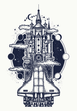 Space ship tattoo and t-shirt design. Symbol creative ideas, sciences, imaginations, dreams, fairy tales, modern technologies, future, motivation. Spaceship turns into the medieval castle