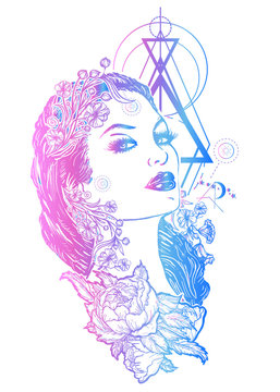 Art nouveau woman tattoo and t-shirt design. Beautiful glamourous vintage woman vector. Symbol of a retro, elegance, glamour, renaissance, queen, princess