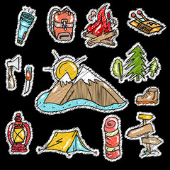 Embroidery camping stickers pop art style, tourism equipment symbols and icons. Mountains, tent, backpack. Symbols of tourism, travel, adventure. Embroidery camping stickers 80s-90s comic style