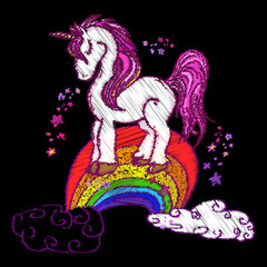 Embroidery magic unicorns on rainbow. Cute kids cartoon fantasy animal. Children's symbol of dream, creativity, imagination. Beautiful embroidery unicorn on color rainbow