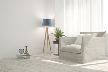 White modern room with armchair. Scandinavian interior design. 3D illustration