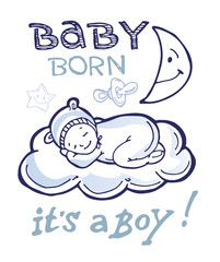 Baby born doodle set. Baby shower set. Vector illustration. Its a boy!