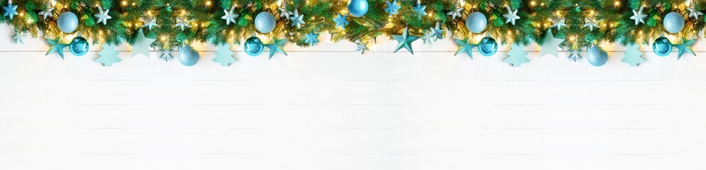Panorama Turquoise Christmas Banner, Bokeh, Copy Space
