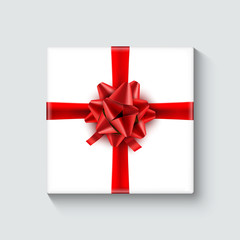 White gift box with red ribbon. Celebration decoration design illustration. Holiday package element