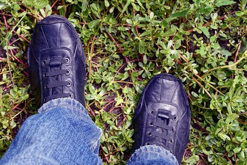 чёрные кожаные туфли на ногах стоят на зелёной растительности
