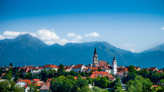 View of Kranj city in Slovenia with mountains in the back