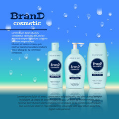 3D realistic cosmetic bottle ads template. Cosmetic brand advertising concept design with water bubbles and waterdrops background