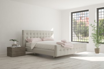 Inspiration of white minimalist  bedroom with summer landscape in window. Scandinavian interior design. 3D illustration