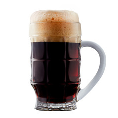Mug of frosty dark beer with foam isolated on a white background