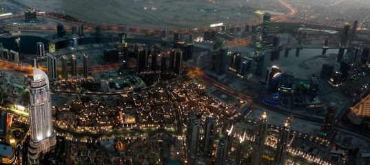 Panorama sunset view to Dubai skyscrapers in UAE