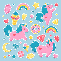 Unicorn cute elements collection. Balloons set. Unicorn, ice cream, rainbow, sweets, diamonds. Vector illustration