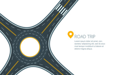 Roundabout road junction, isolated on white background. Vector flat style illustration with copy space. Empty asphalt crossroad with marking. Street traffic and transport design template. - obrazy, fototapety, plakaty
