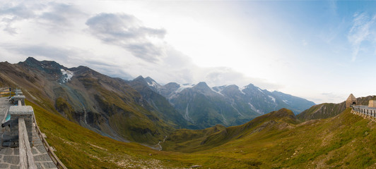 Panoramic View of top mountains next to Grossglockner and the Pasterze in austrian Alps