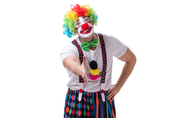 Funny clown acting silly isolated on white background