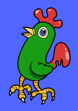 A green rooster in cartoon style. Vector illustration