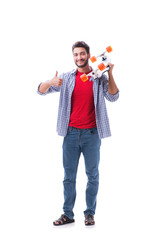 Young skateboarder with a longboard skateboard isolated on white
