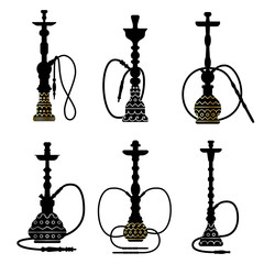 Hookah collection. Black and white logos. Vector silhouette with gold and silver patterns. Hookah label, emblem