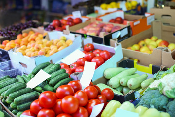 Assortment of fresh vegetables and fruits at market