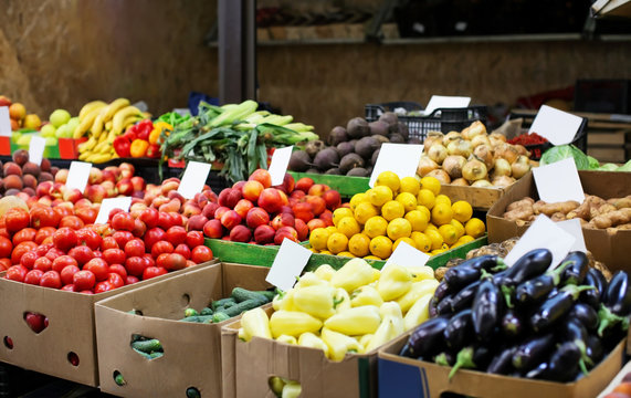 Assortment of fresh vegetables and fruits at market