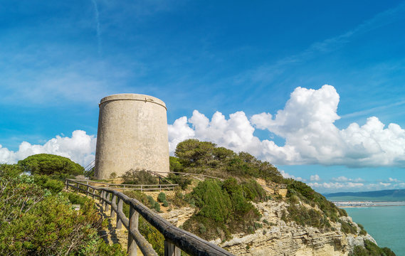 Tower torre del Tajo and cliffs in Canos de Meca, Barbate, Cadiz province, Spain