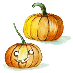  watercolor drawing set, orange pumpkins for halloween on white background, for decoration, illustration