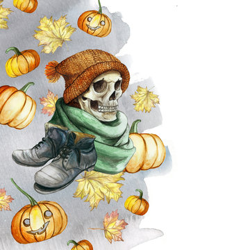 watercolor drawing in the theme of Halloween dull human skull in orange knitted warm woolen hat and green scarf, gray shoes, against the background of red pumpkins and autumn maple leaves, gray ice, f