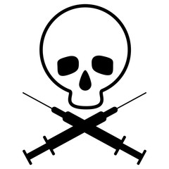 Skull with crossed syringes. Black and white icon. Promoting fight against drug addiction. Vector Image.