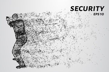 Fototapeta na wymiar Security from the particles. Security guard fires his gun. Vector illustration.