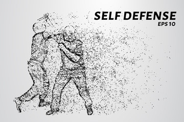 Self-defense of the particles. Man defends against attack with a knife. Silhouette of dots and circles. Vector illustration.