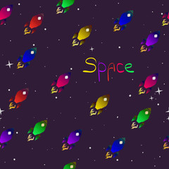 Seamless pattern vector of spaceships. Space cartoon pattern.  Ideal for children room decoration, wrapping, cards, baby shower, banners, backgrounds.