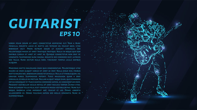 Guitarist from particles. Guitar player consists of circles and points. Vector illustration.