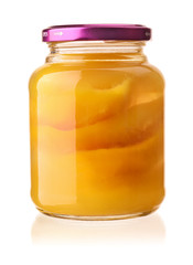Front view of sliced mangos in natural syrup jar