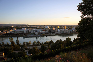 View of Basel port on Rhine River by sunset, Switzerland