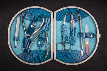manicure set with stainless steel in leather case
