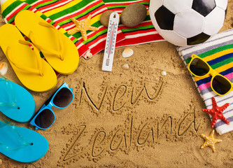Summer concept of sandy beach, colorful flip flop shoes, sunglasses, ball and inscription
