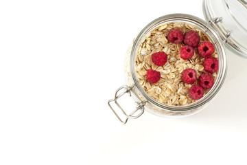 Breakfast of oatmeal with berries in a jar