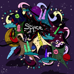 Space vector illustration made hand-drawn. Many symbols and objects for backgrounds. Cute cartoon colorful doodles.