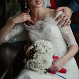 bridal couple, sensual bride and happy groom together