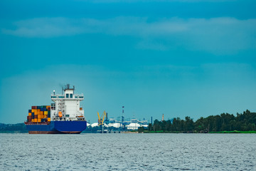 Blue container ship