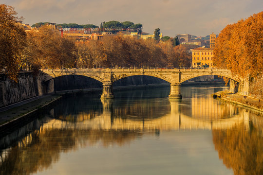 Sunset on the River Tiber in city Rome. Rome, Lazio, Italy, Europe.