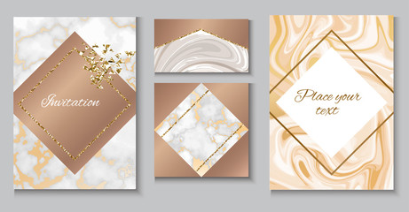 Marble brochure layout, wedding invitation set, business card template or background in trendy minimalistic geometric style, stone, granite, gold yellow texture, vector fashion wallpaper, poster