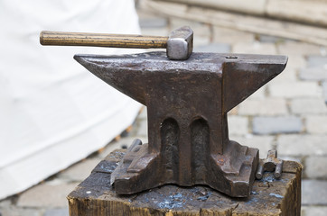 Iron anvil with a blacksmith's forge in the smithy  