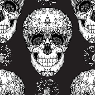 Seamless pattern, background with sugar  skull and floral pattern. Black and white. Stock vector illustration.

