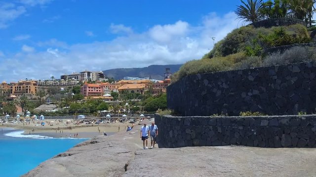 Costa Adeje Tenerife Spain: Drone shot of Playa Fanabe beach