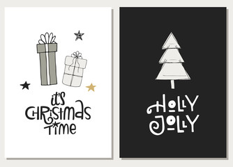 Christmas hand drawn lettering poctcards. Christmas lettering phrases and quote. Cute New Year cards.