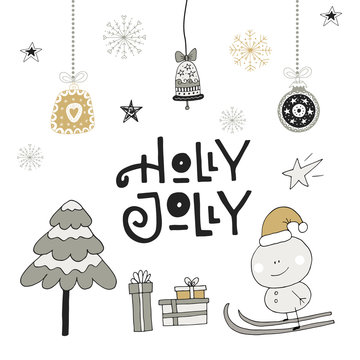 Holly Jolly - hand drawn Christmas lettering with decoration. Cute New Year clip art. Vector illustration