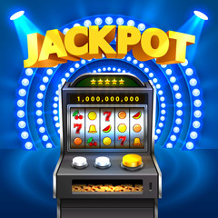 Golden slot machine wins the jackpot. Isolated on red background. Vector illustration