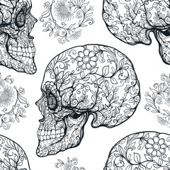 Fototapeta premium Seamless pattern, background with sugar skull and floral pattern. Outline drawing. Stock line vector illustration. 